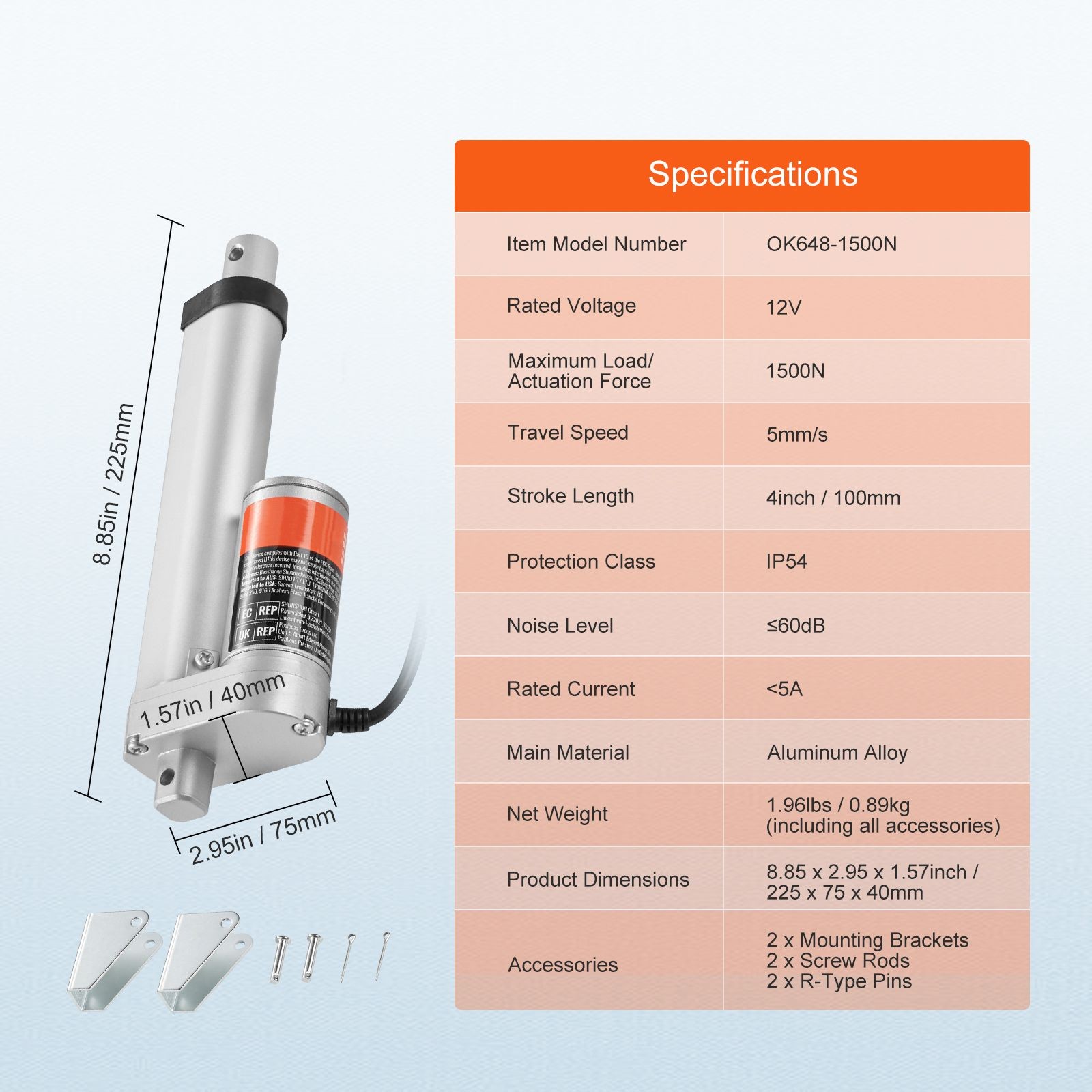 12V 4-Inch Linear Actuator 330lbs, 0.19in/s Speed, IP54 Protected