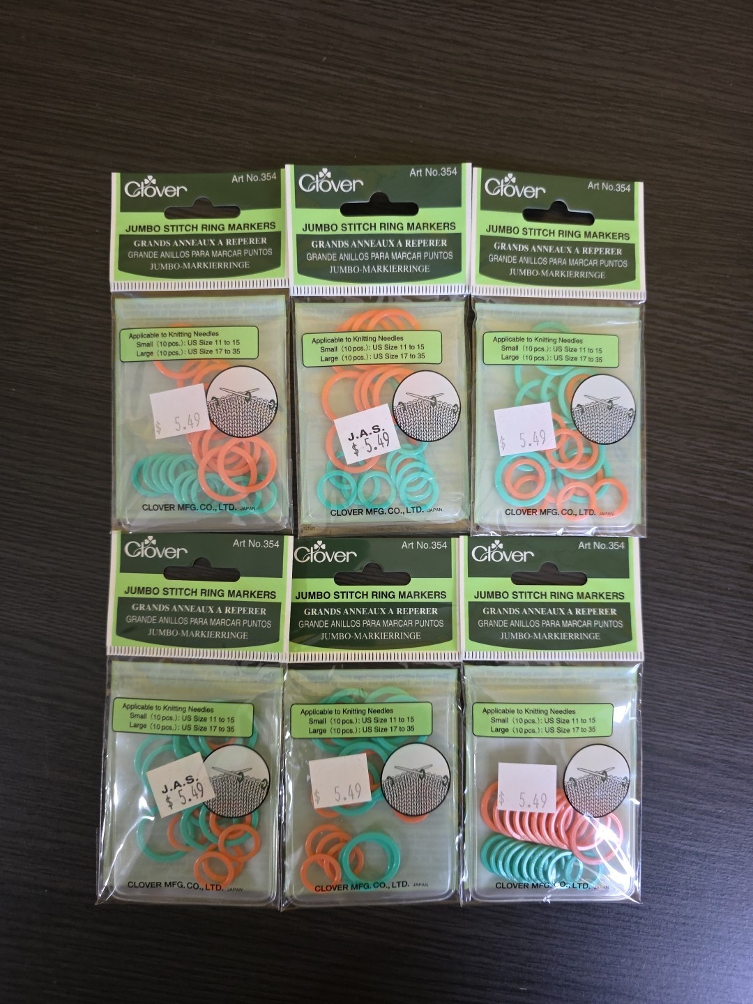 New/Sealed 6 Pack - Clover Jumbo Stitch Ring Markers-20/Pkg - #354 Free Ship