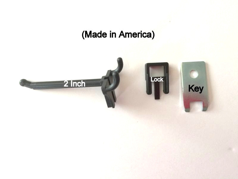 (100 PACK) 2 Inch Locking Black Plastic Pegboard Peg Hooks (100 Locks, 6 Keys)