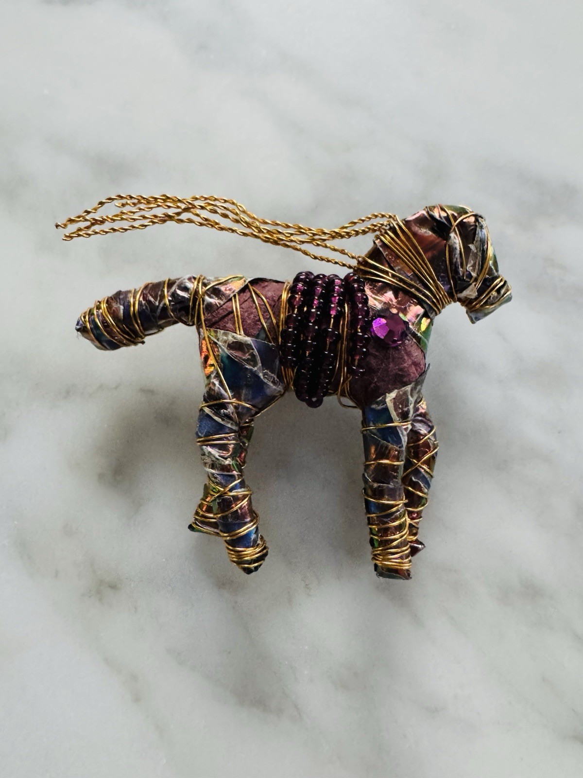 OOAK Mixed Art Horse Brooch Unique Gold Tone Wire Wrapped 2x2.5”