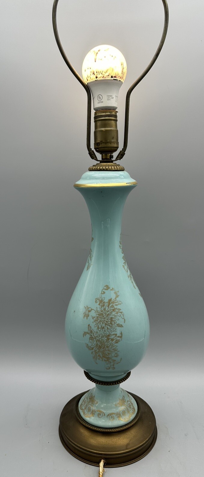 Vtg Blue Teal Gold Leaf Oriental Ginger Jar Table Lamp 32" Gorgeous Braded Cord