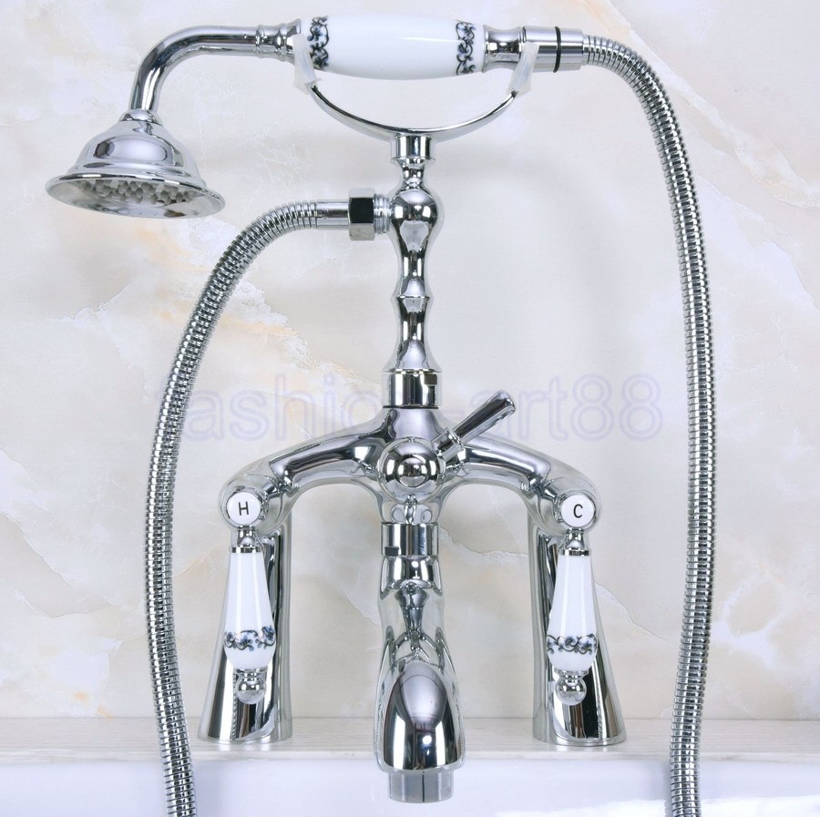 Chrome Claw-foot Bathtub Faucet Deck Mounted Tub Filler Handheld Shower fna101