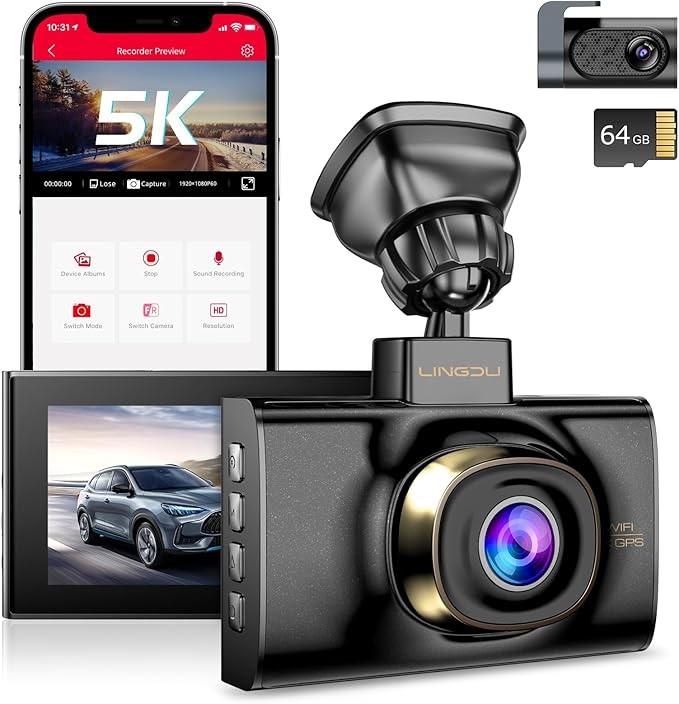 LINGDU 5K Dash Cam WiFi GPS 4K+2K Front & Rear Camera APP Parking Mode G-sensor