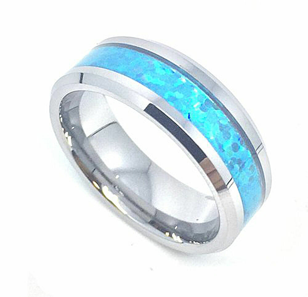 8mm Men's or Ladie's Tungsten Carbide Hawaiian Opal Blue Inlay Wedding Band Ring