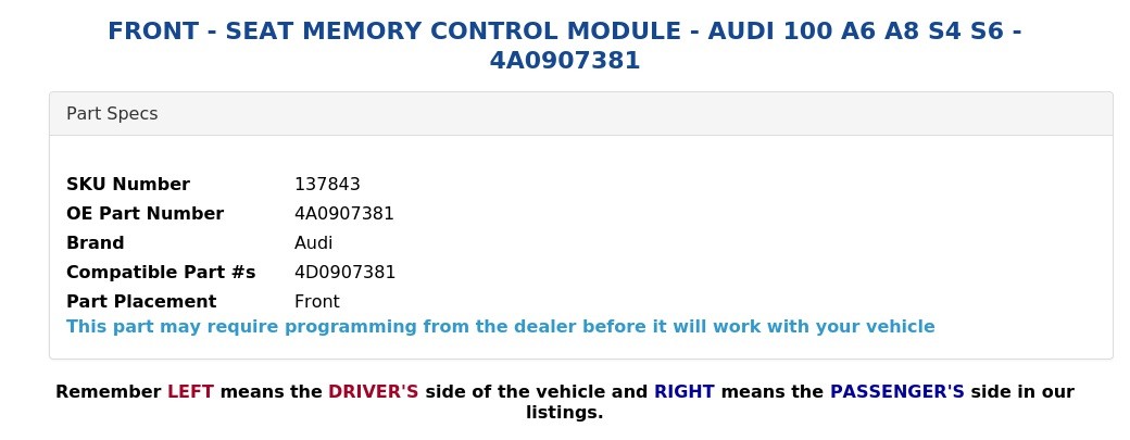 FRONT - SEAT MEMORY CONTROL MODULE - AUDI 100 A6 A8 S4 S6 - 4A0907381