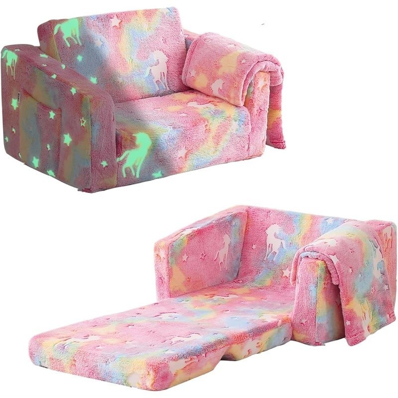 Magical Glow In Dark Kids Sofa Couch 2 In 1 Convertible Foldable Easy Clean New