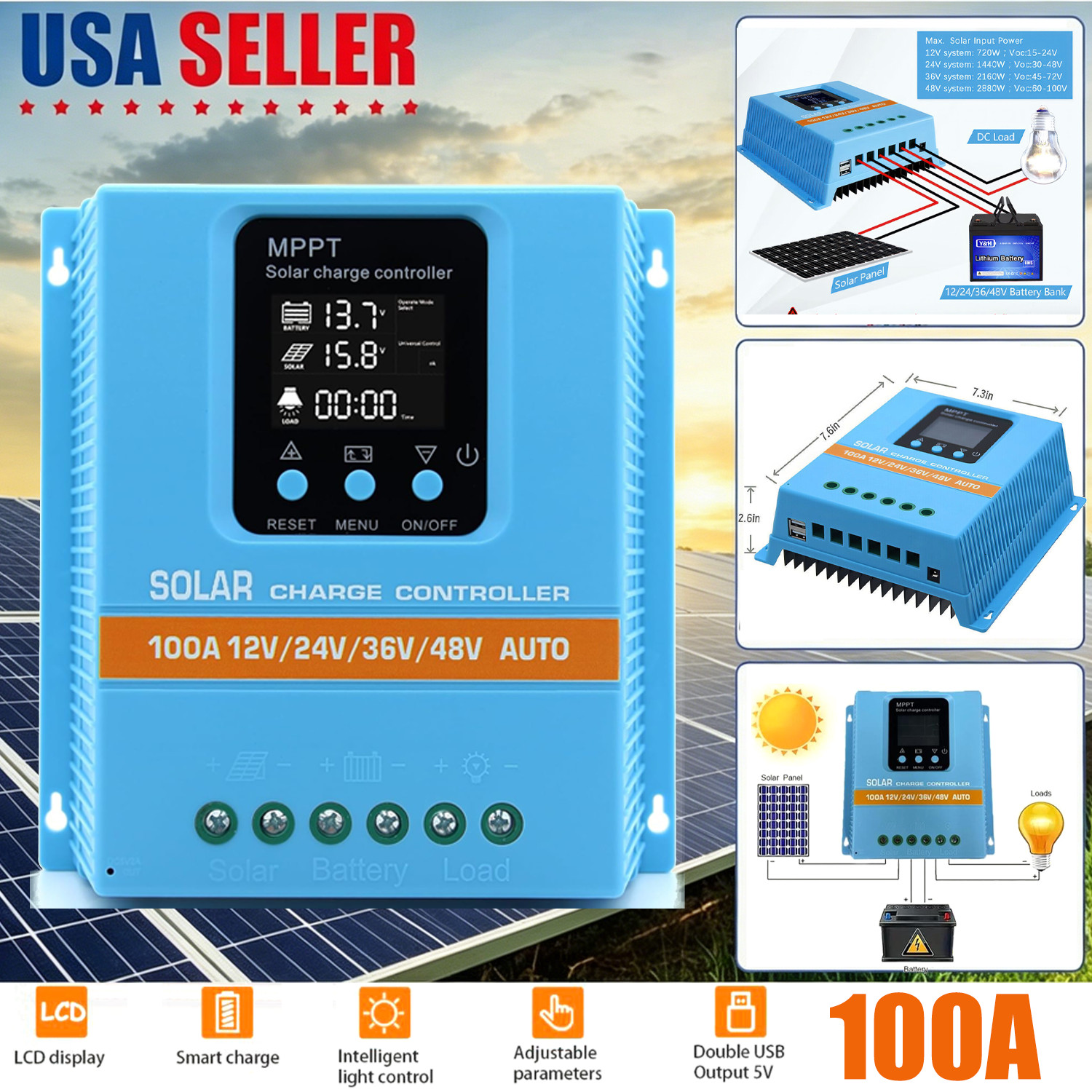 Upgrade 100A 12V/24V/36V/48V MPPT Solar Charge Controller PV Charger Controller