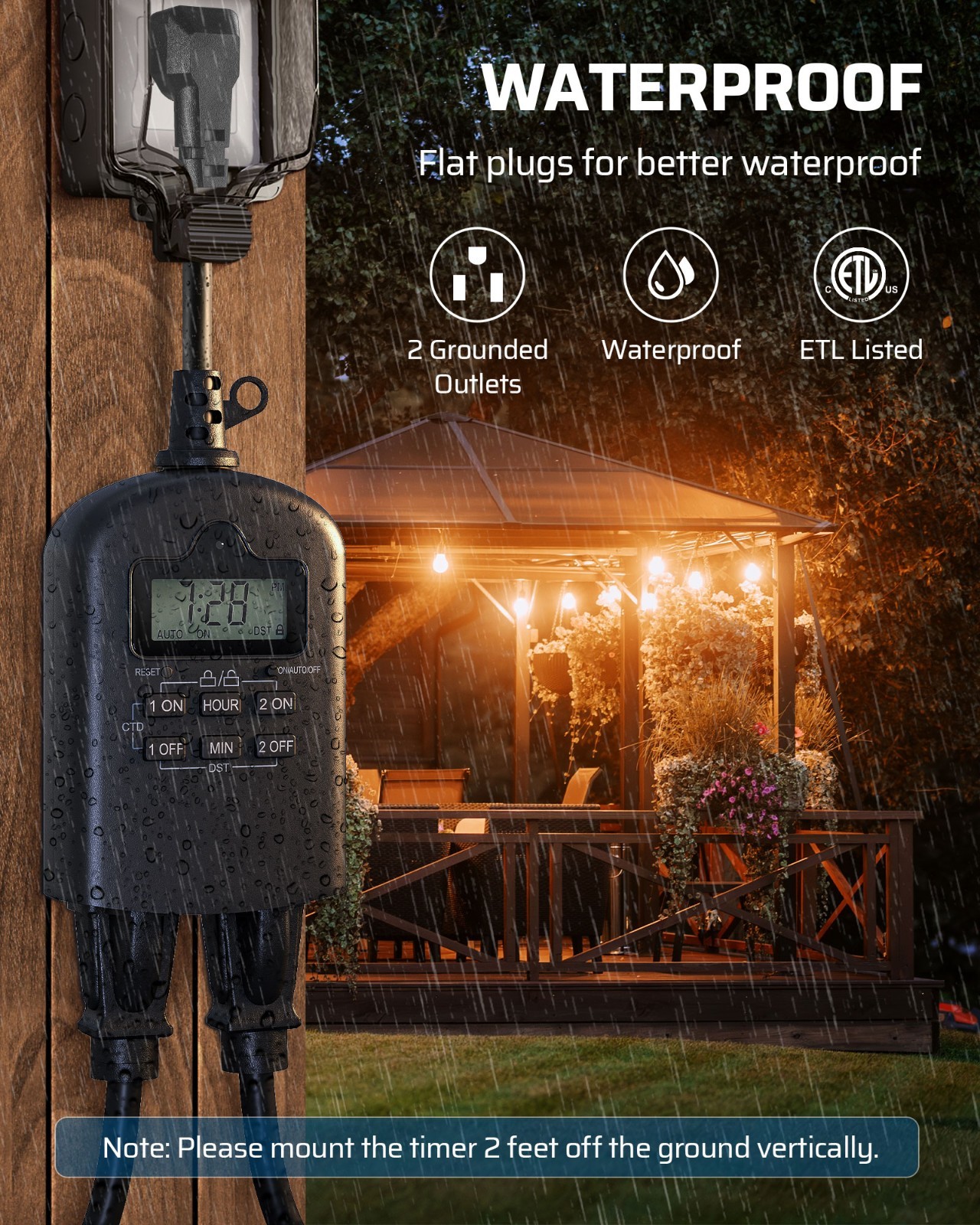 DEWENWILS Outdoor Timer Outlet Waterproof Programmable 2 Outlet 15A Heavy Duty