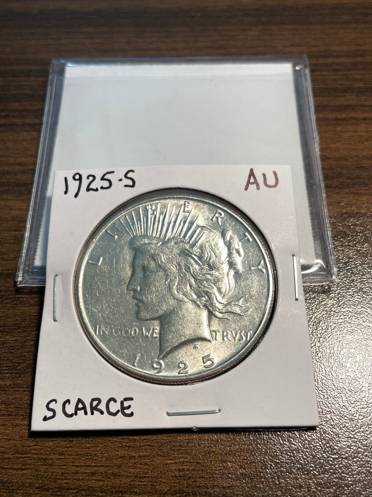 1925-S Peace Silver Dollar $1 ALMOST UNCIRCULATED (AU) Type 2, Low Relief