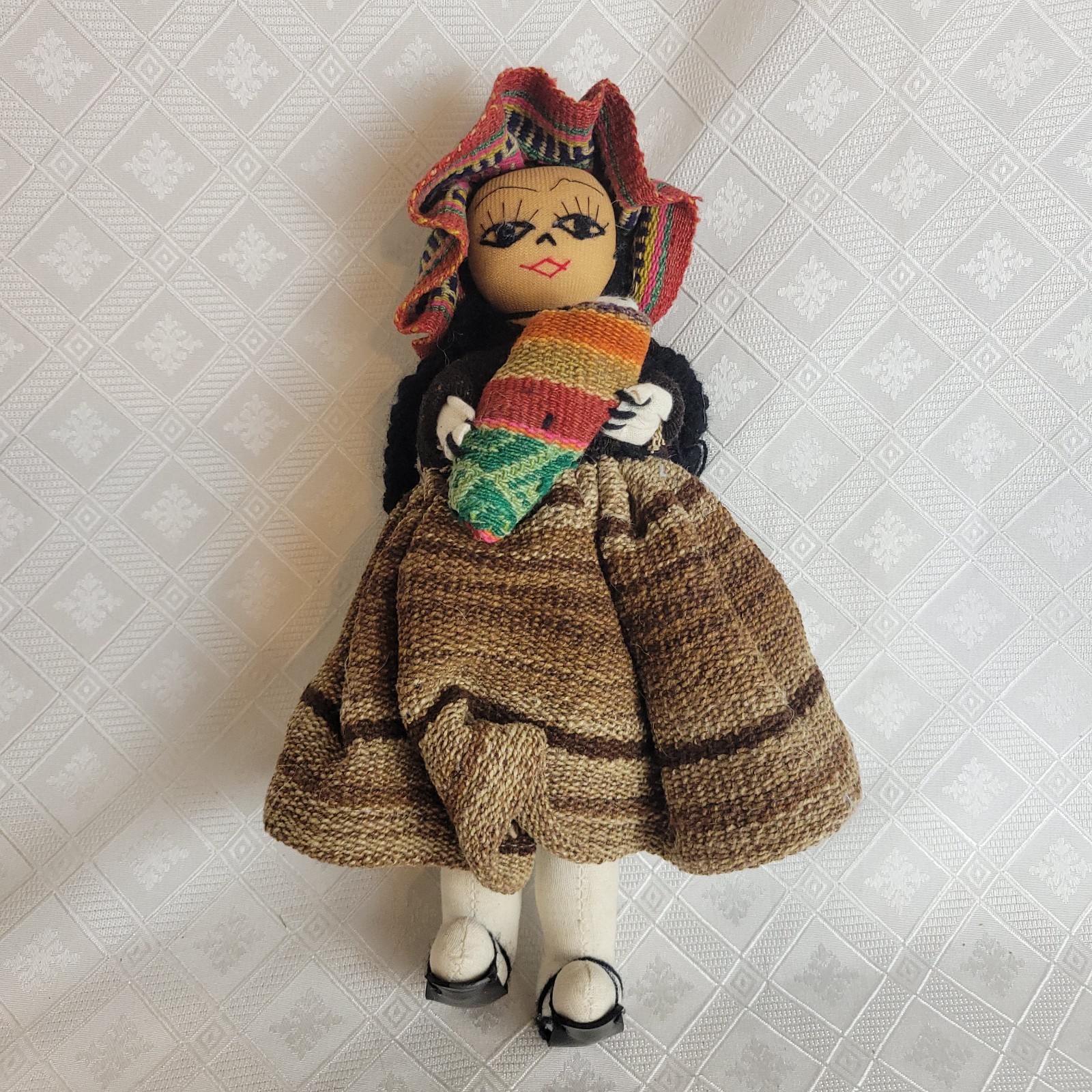Peruvian Folk Art Doll Handcrafted Girl with 2 Babies Knit Dress 12"