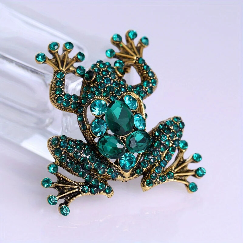 Green Rhinestone Frog Brooch Sparkling Animal Corsage Elegant Jewelry for Women