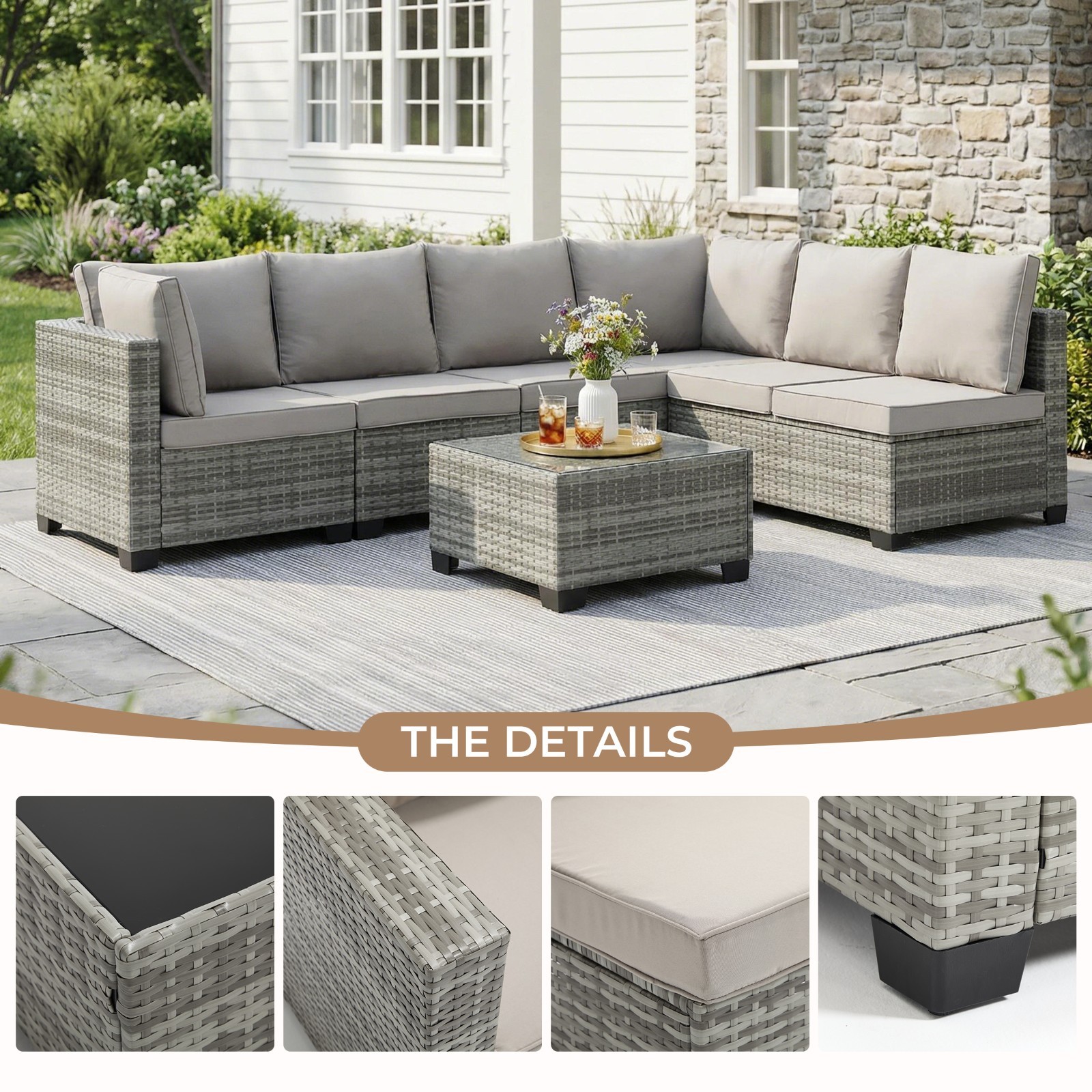 7 PCS Patio Set Wicker Sofa Sectional with Glass Table for Backyard Deck 6 Seat
