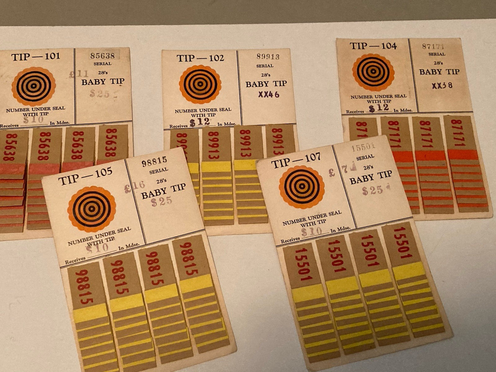 Lot of 5- Vintage Casino “Baby Tip”  Ticket Boards FREE SHIPPING