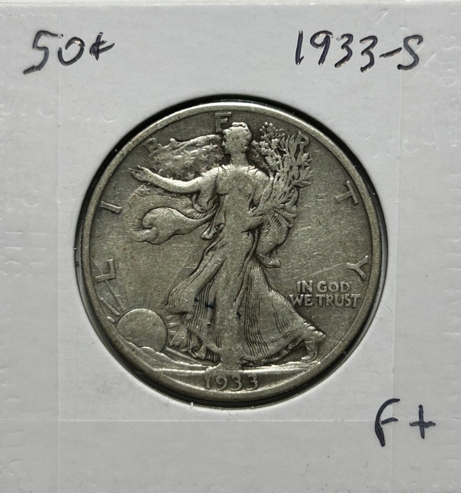 1933-S Walking Liberty Half Dollar F+ Fine Plus 90% Silver Fifty Cents Walker