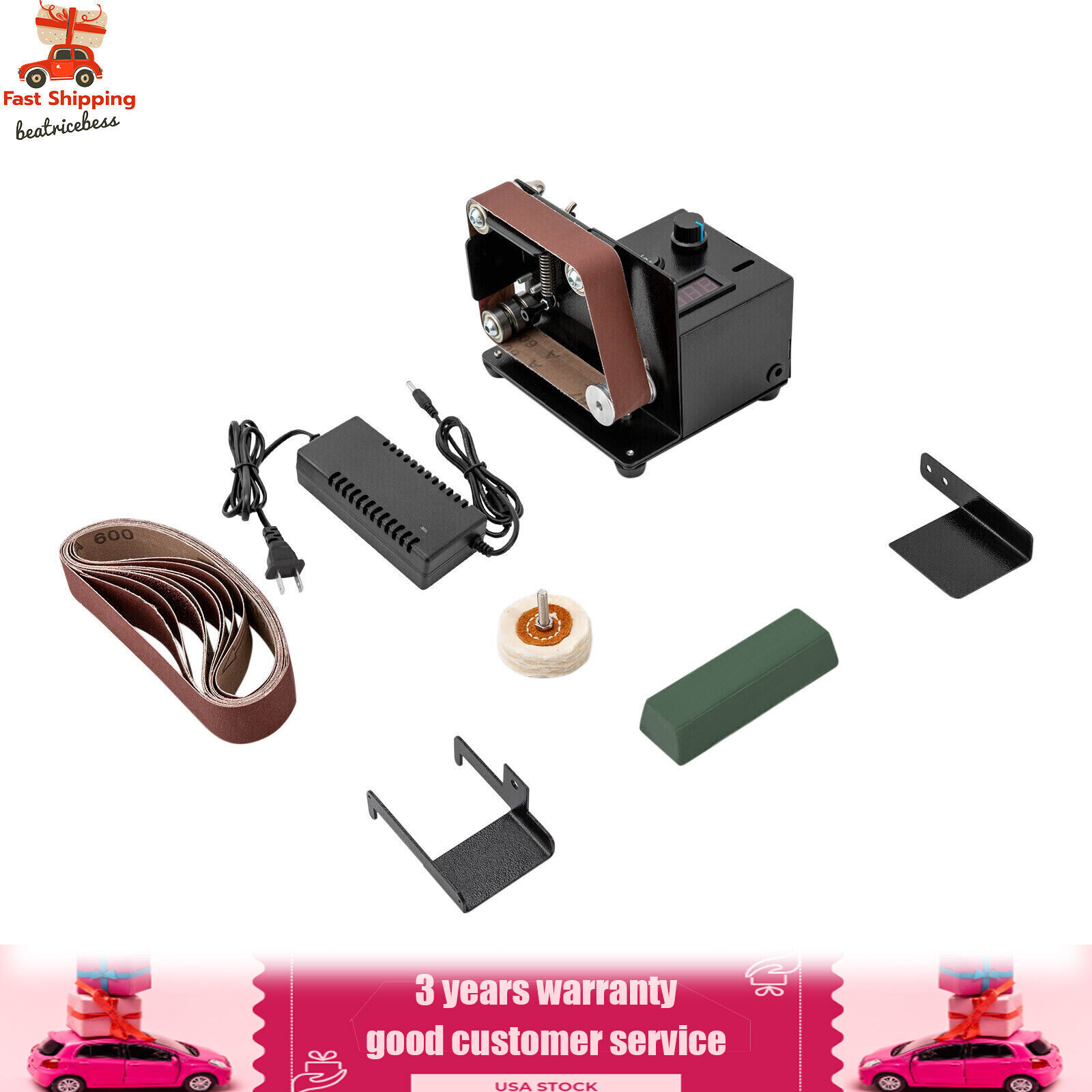 Electric Polishing Grinding Machine with 10PC Abrasive Belt for Wood Metal Knife