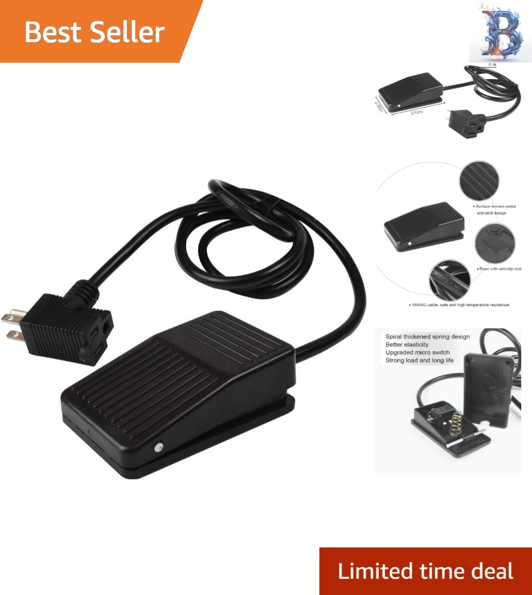 5-Foot Foot Operated Switch with Anti-Slip Pedal - Ideal for Woodworkers