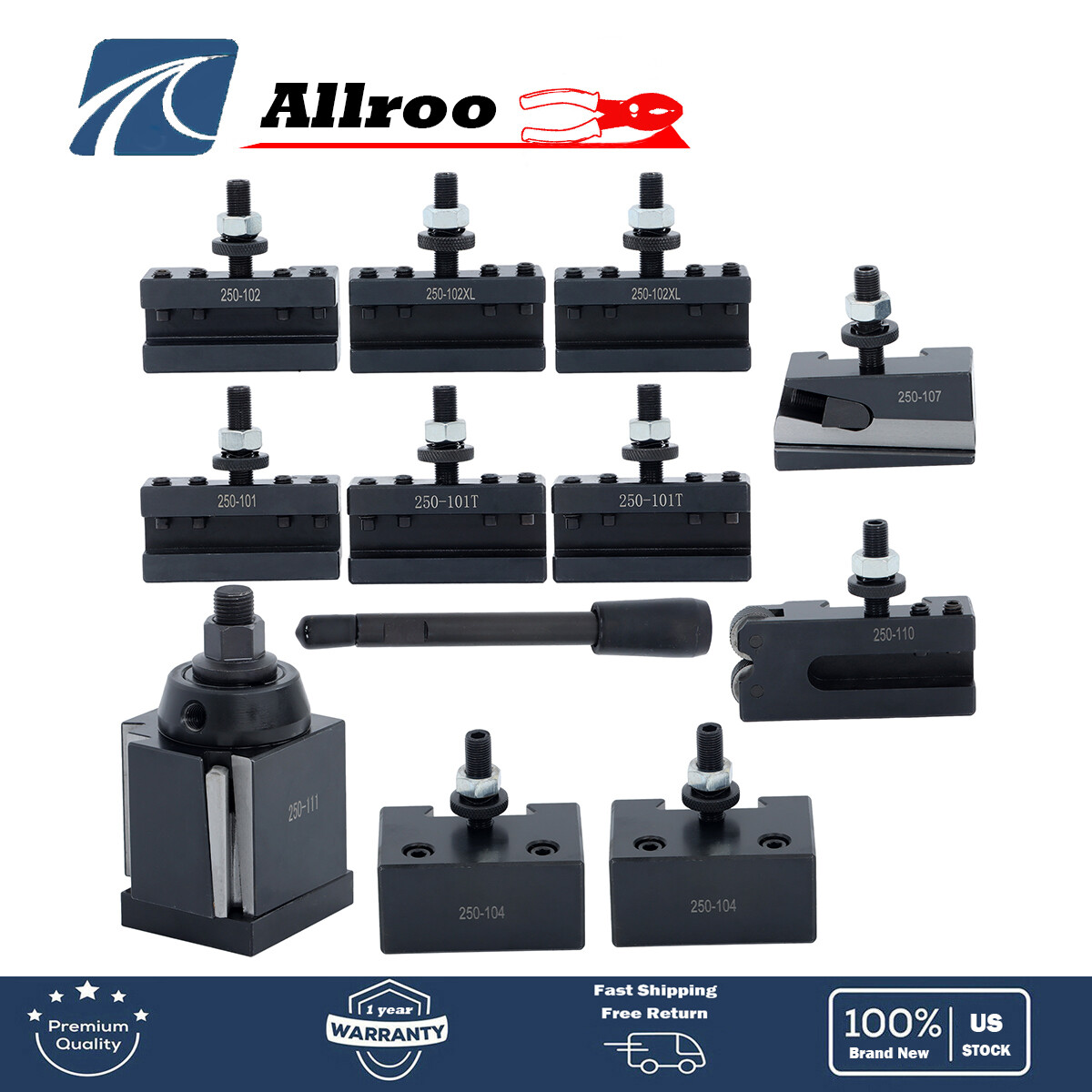 AXA 250-111 Wedge Type Tool Post Tool Holder Set for Lathe 6-12" 11PC Set