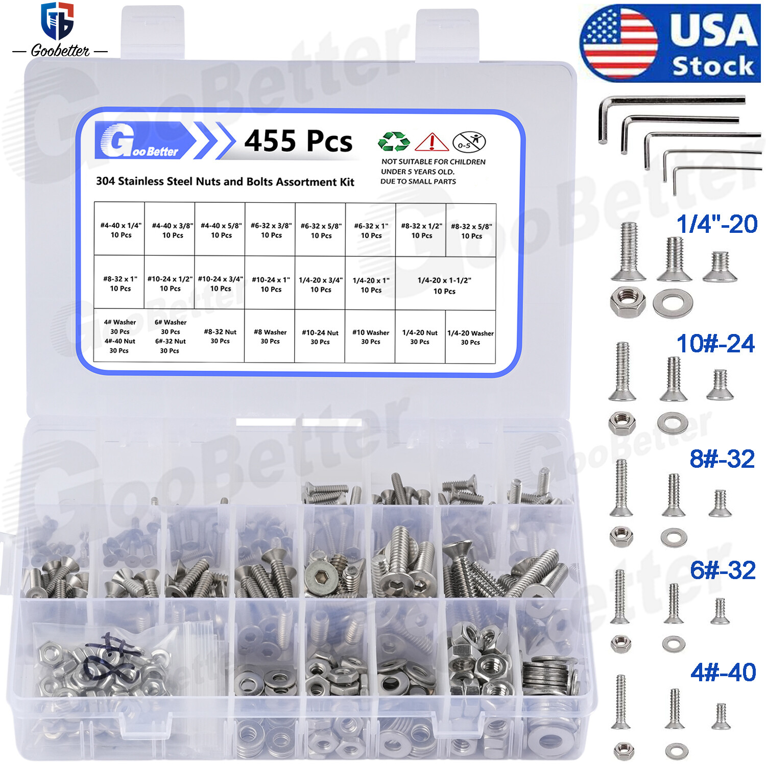 455Pcs Stainless Steel Flat Countersunk Head Hex Socket Cap Screw Bolt Nut