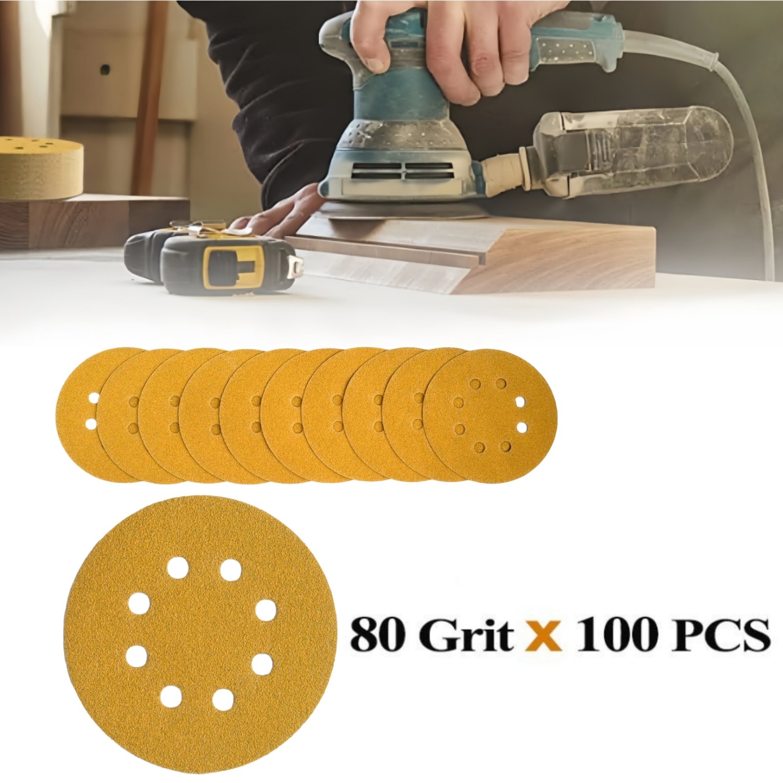 100PCS Sanding Discs 5" 8-Hole 80 Grit Orbital Sander Pads Sandpaper Gold NEW