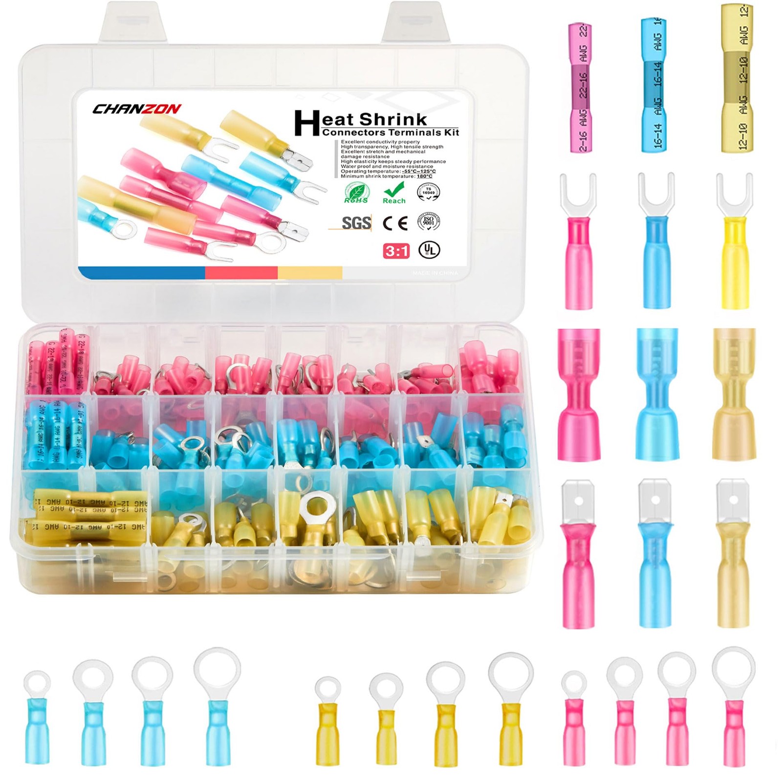 86pcs Heat Shrink Wire Connector Kit, Ring, Butt, Fork, Spade Male Female 22-...