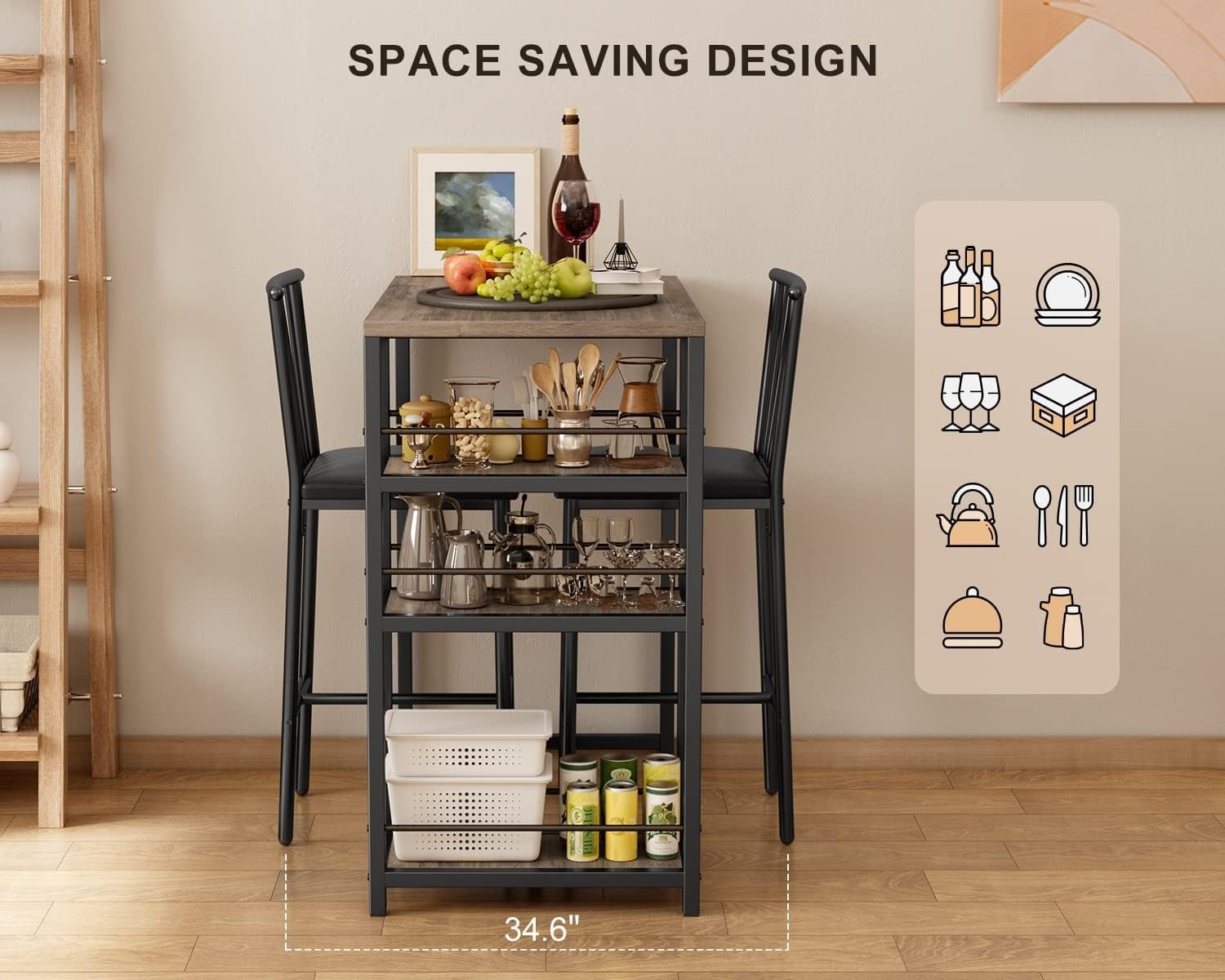 3-Piece Bar Dining Table Set 2 Kitchen Table w/Shelves Grey Space-saving grey