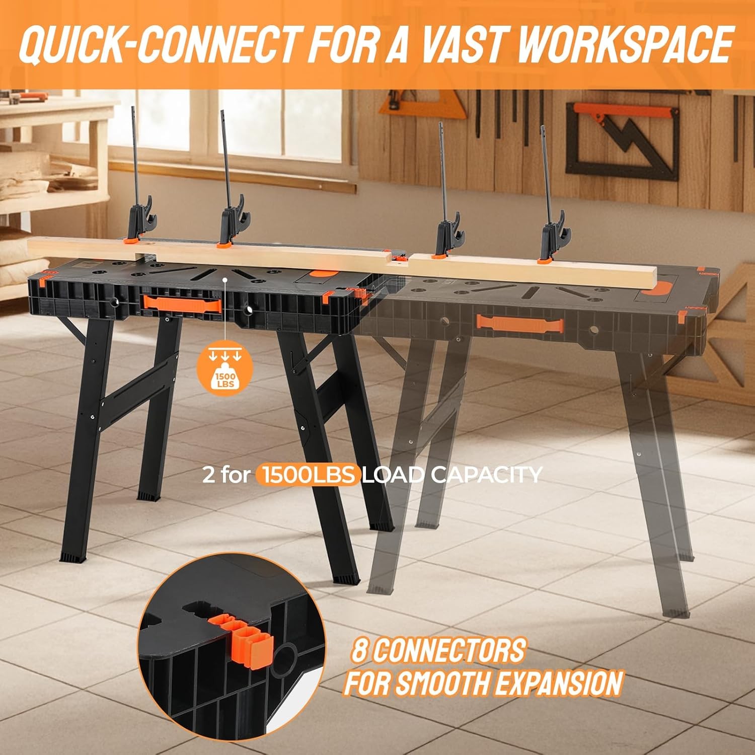 Folding Work Bench with Clamps & Power Strip Portable Work Table 34"W x 22"D