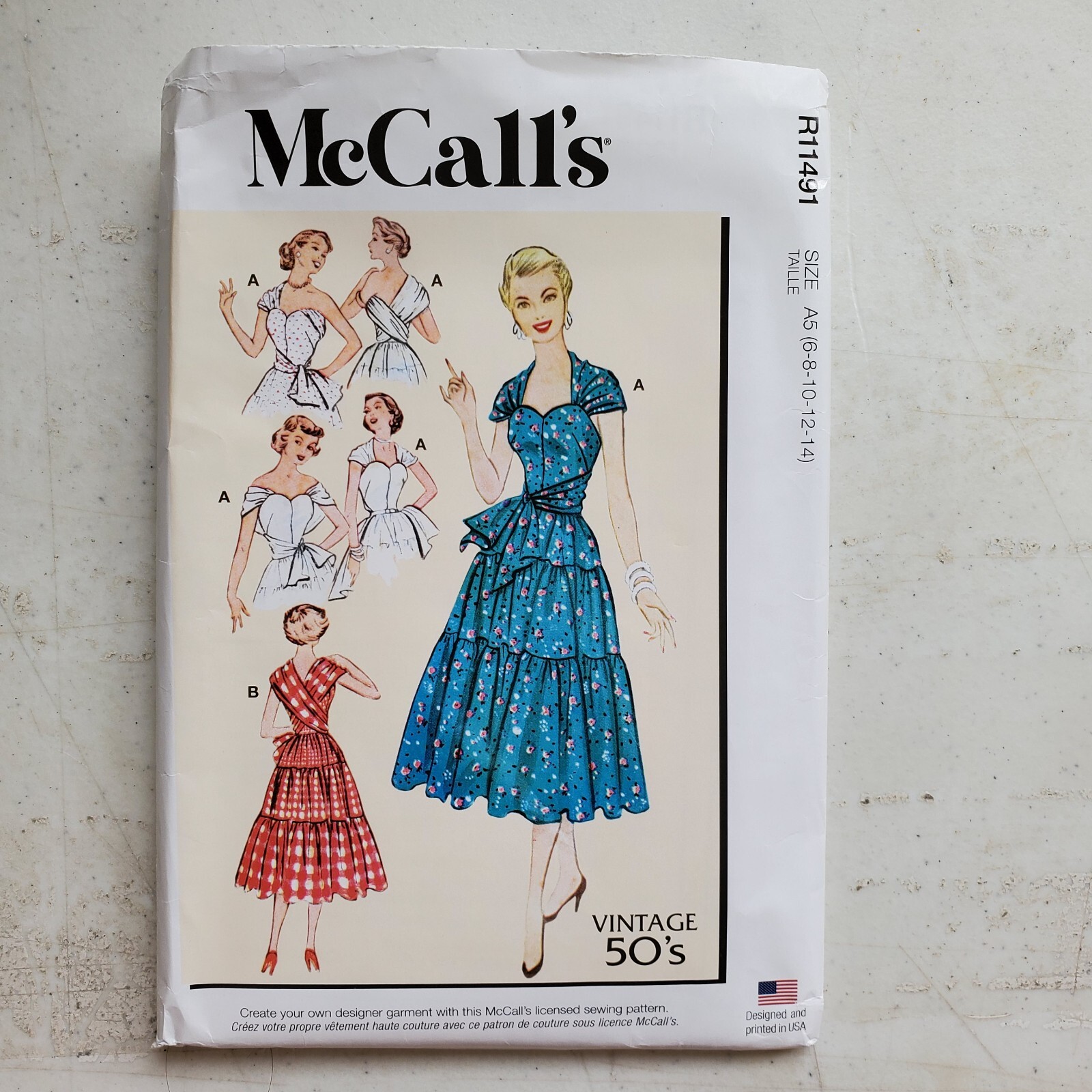 McCalls R11491 Retro 50s Dress Tiered Shoulder Sashes Misses 6 8 10 12 14 UNCUT