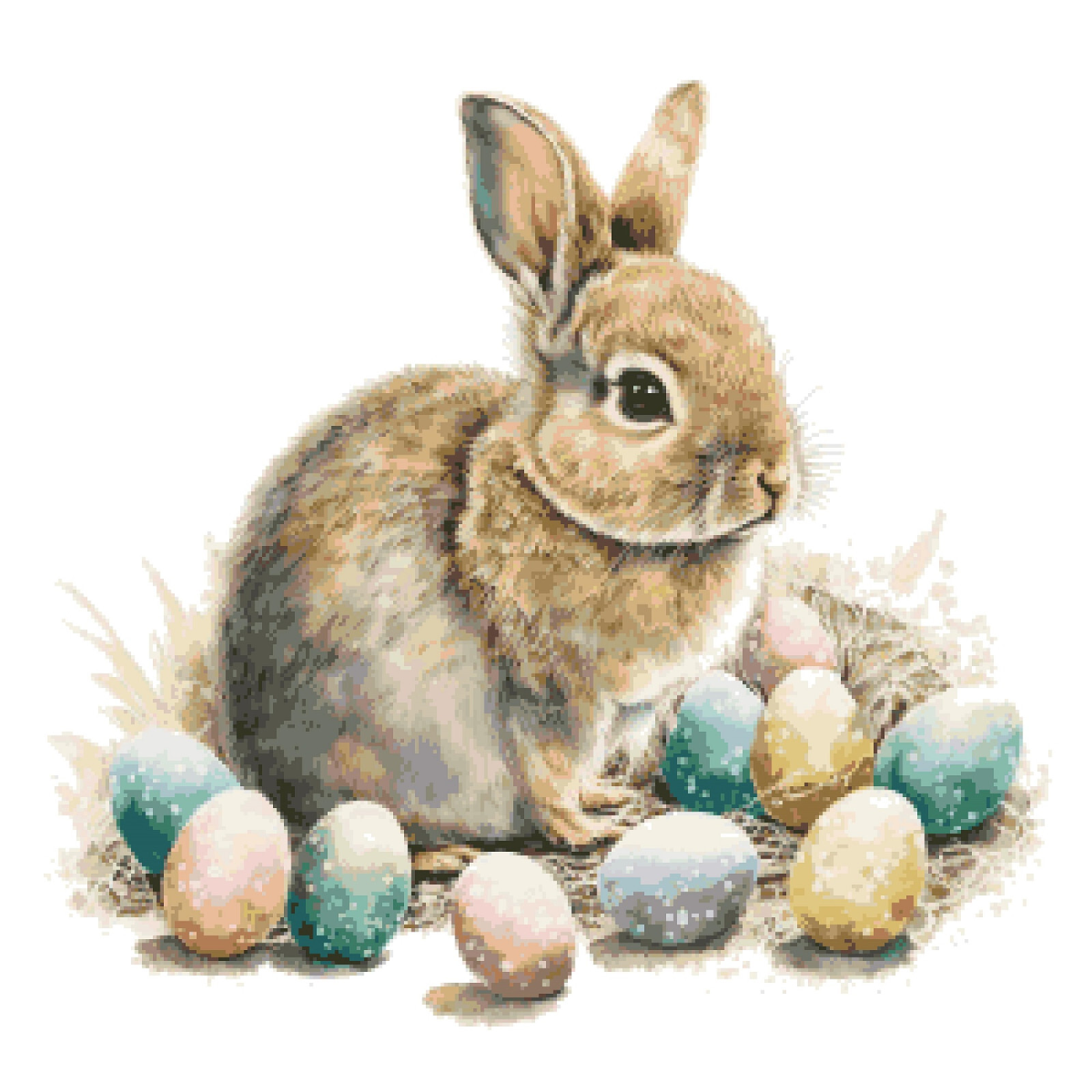 Cute Easter Bunny with Colored Eggs Counted Cross Stitch Pattern Pixel Art
