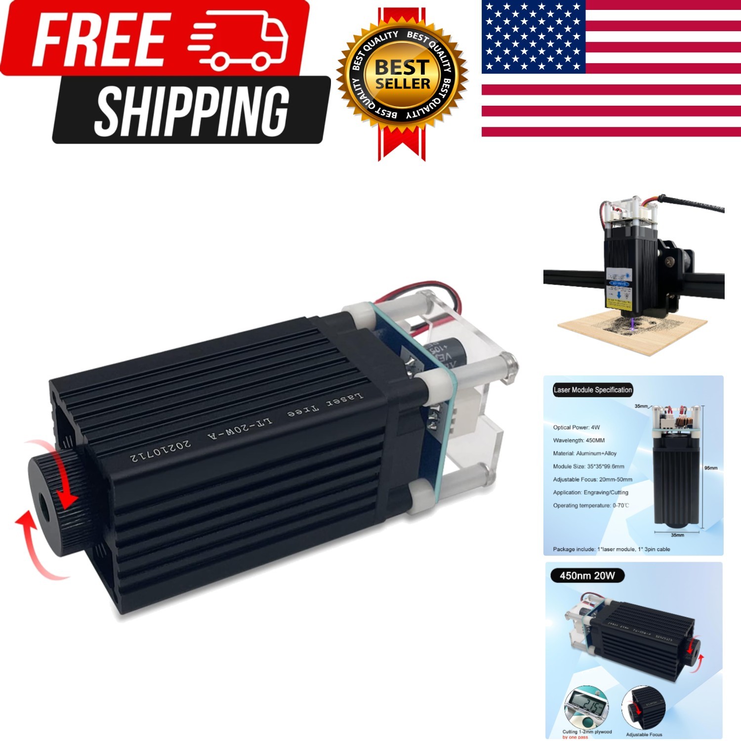 Laser Engraver Module, 4000mW Optical Power, Laser Engraving Cutting Module, ...