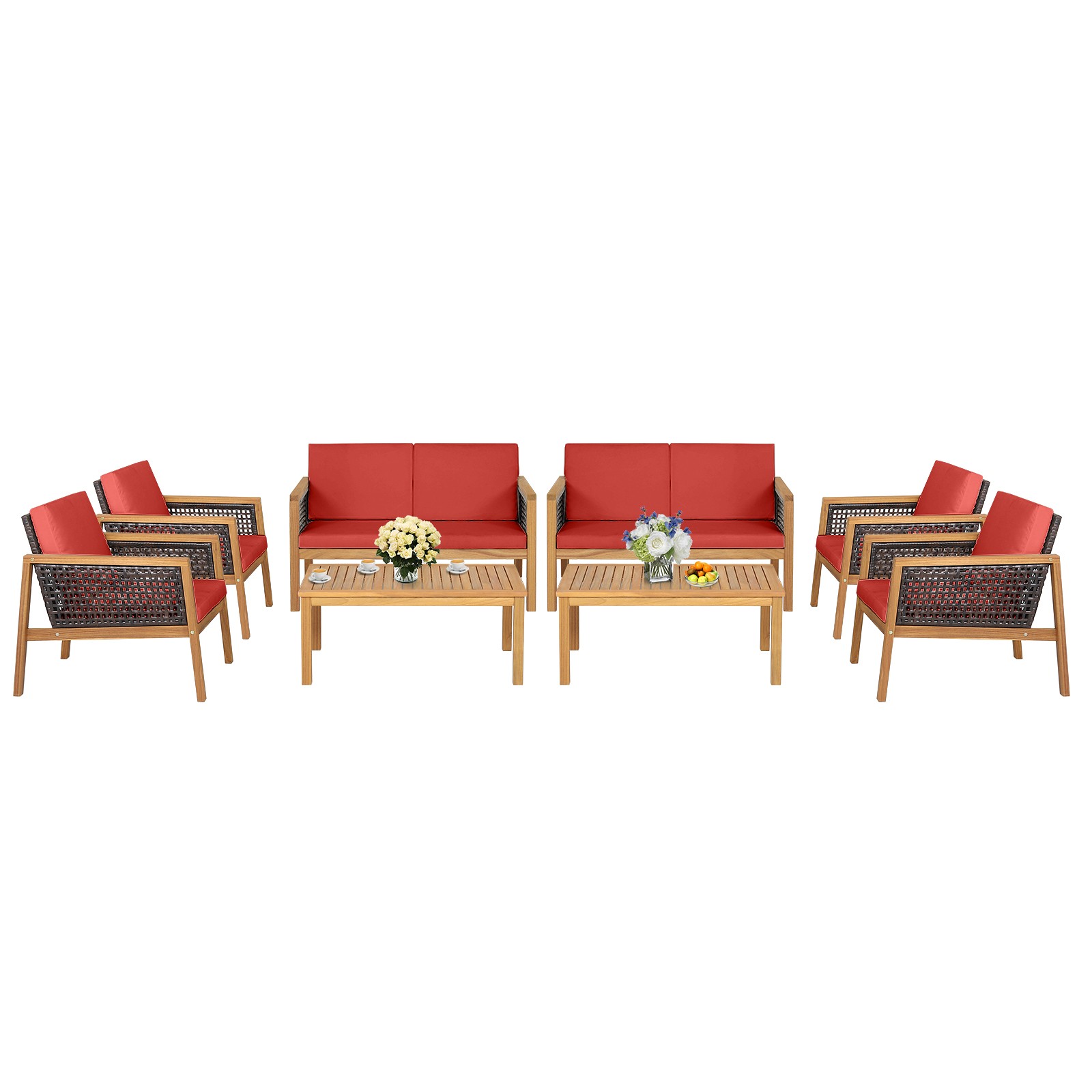 Patiojoy 8PCS Patio Rattan Furniture Set Acacia Wood Cushioned Sofa Red