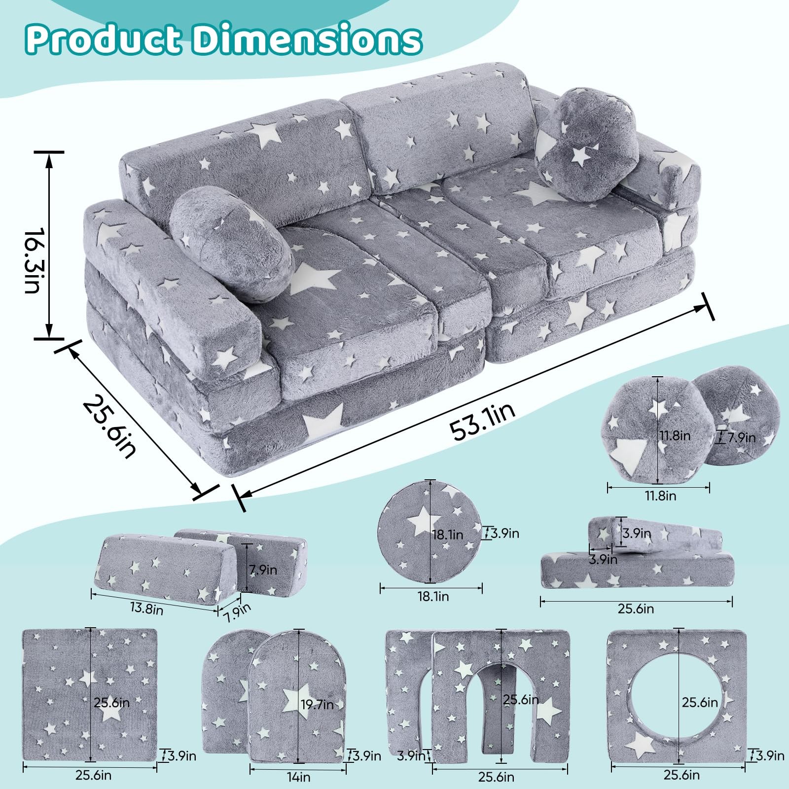 13 PCS Play Couch, Modular Glowing Couches, Kid Play Couch Sofa for Playroom ...