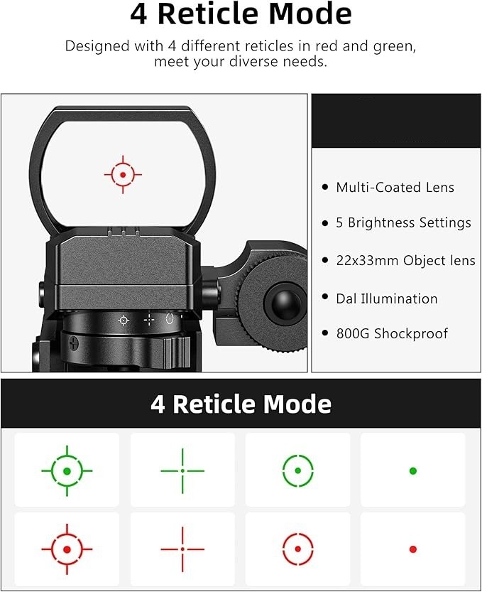 1X22X33 Reflex Sight Red Green Dot 4 Reticle Optics with Laser Pressure Pad