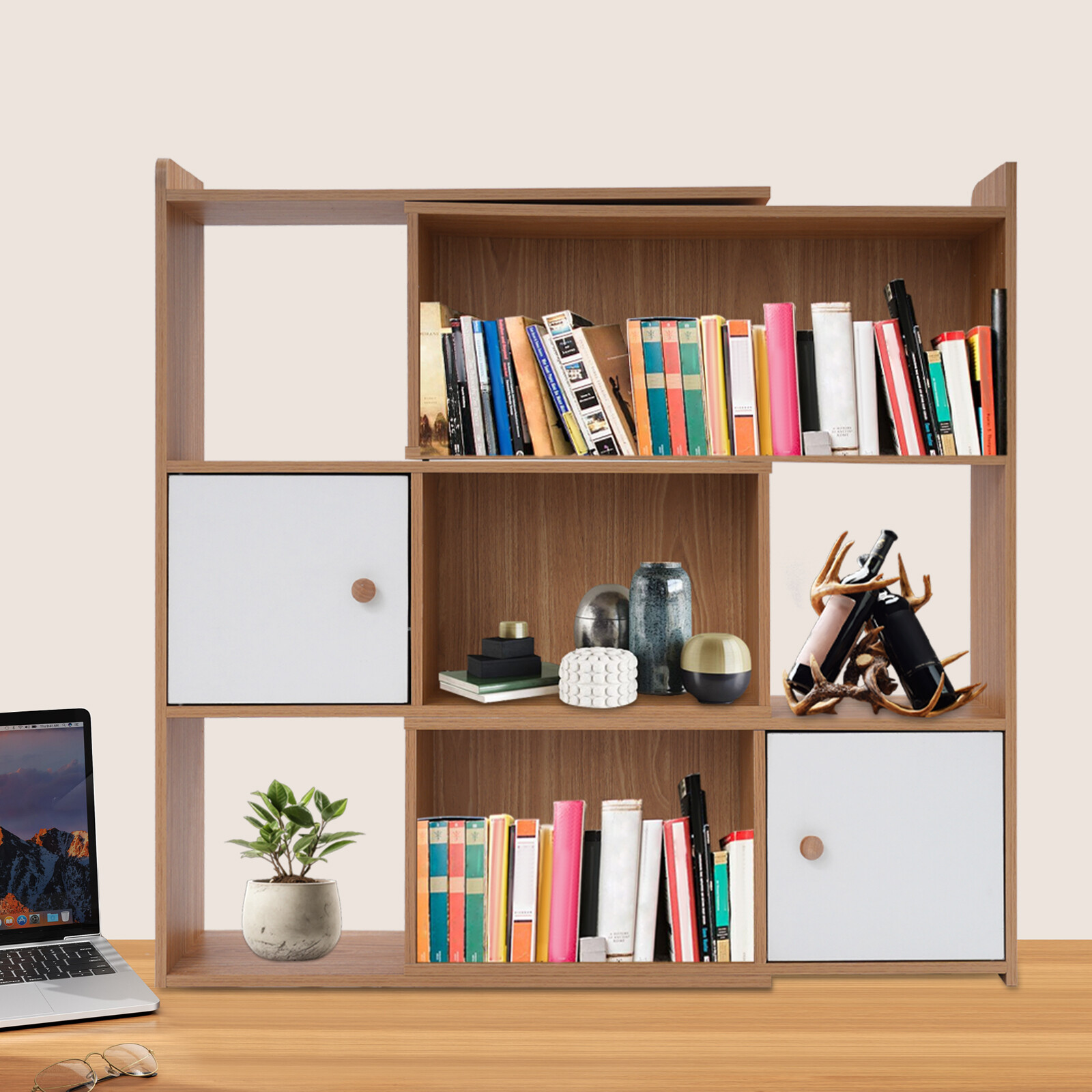 Log Color Stretchable Bookshelf 3-tier Rectangular Bookshelf For Home Office US