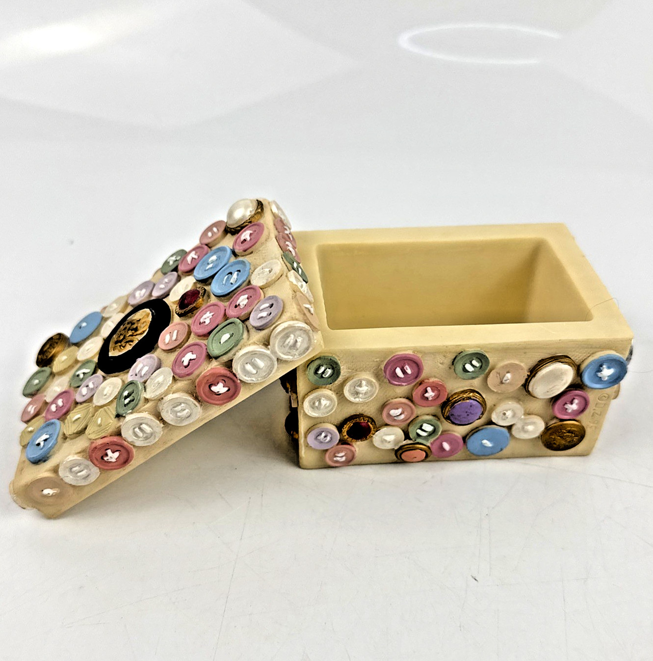 Resin Trinket Box Decorated with Multiple Colored Buttons 4"x2.5"