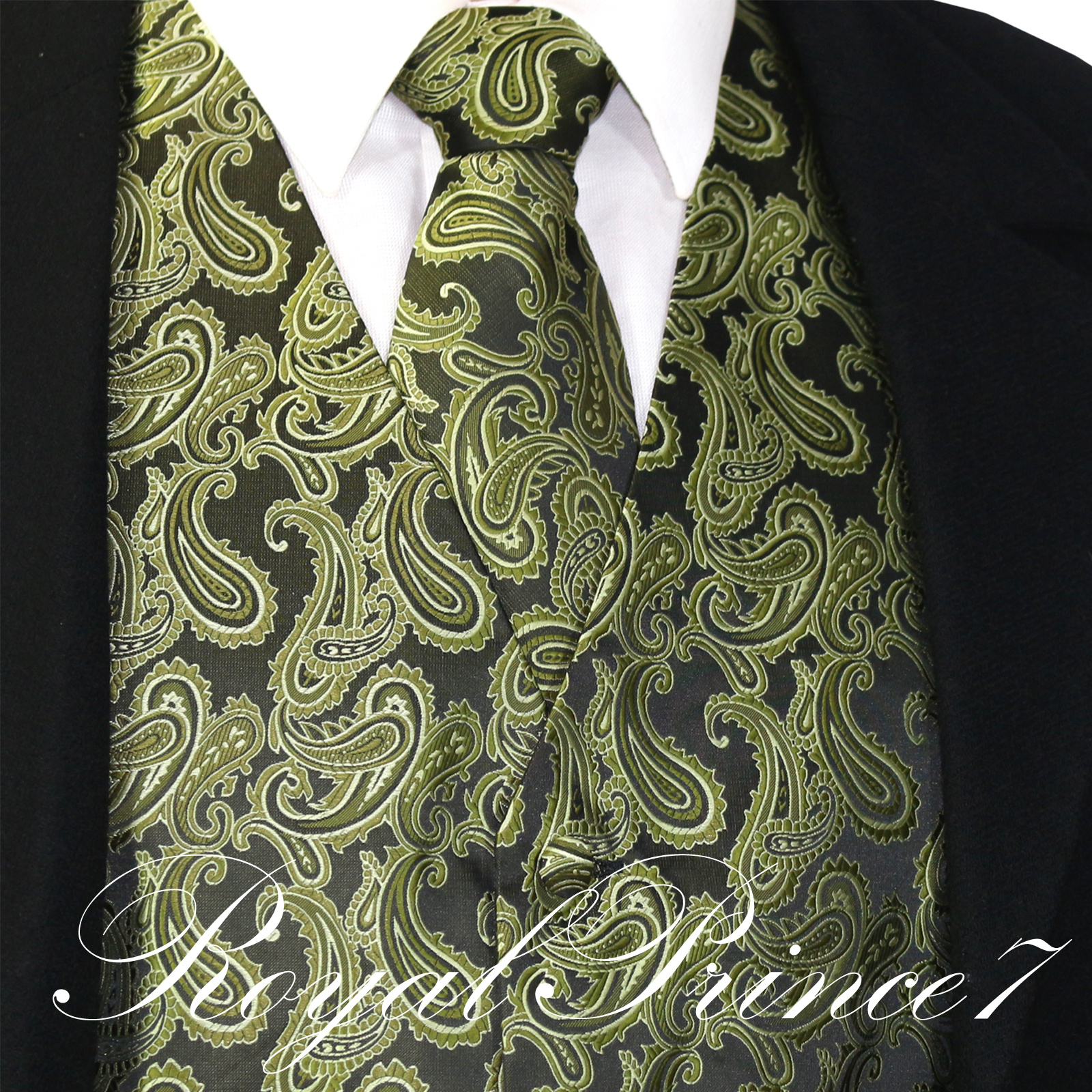 Men's Olive Green Paisley Tuxedo Dress Vest Waistcoat & Neck tie Wedding Prom