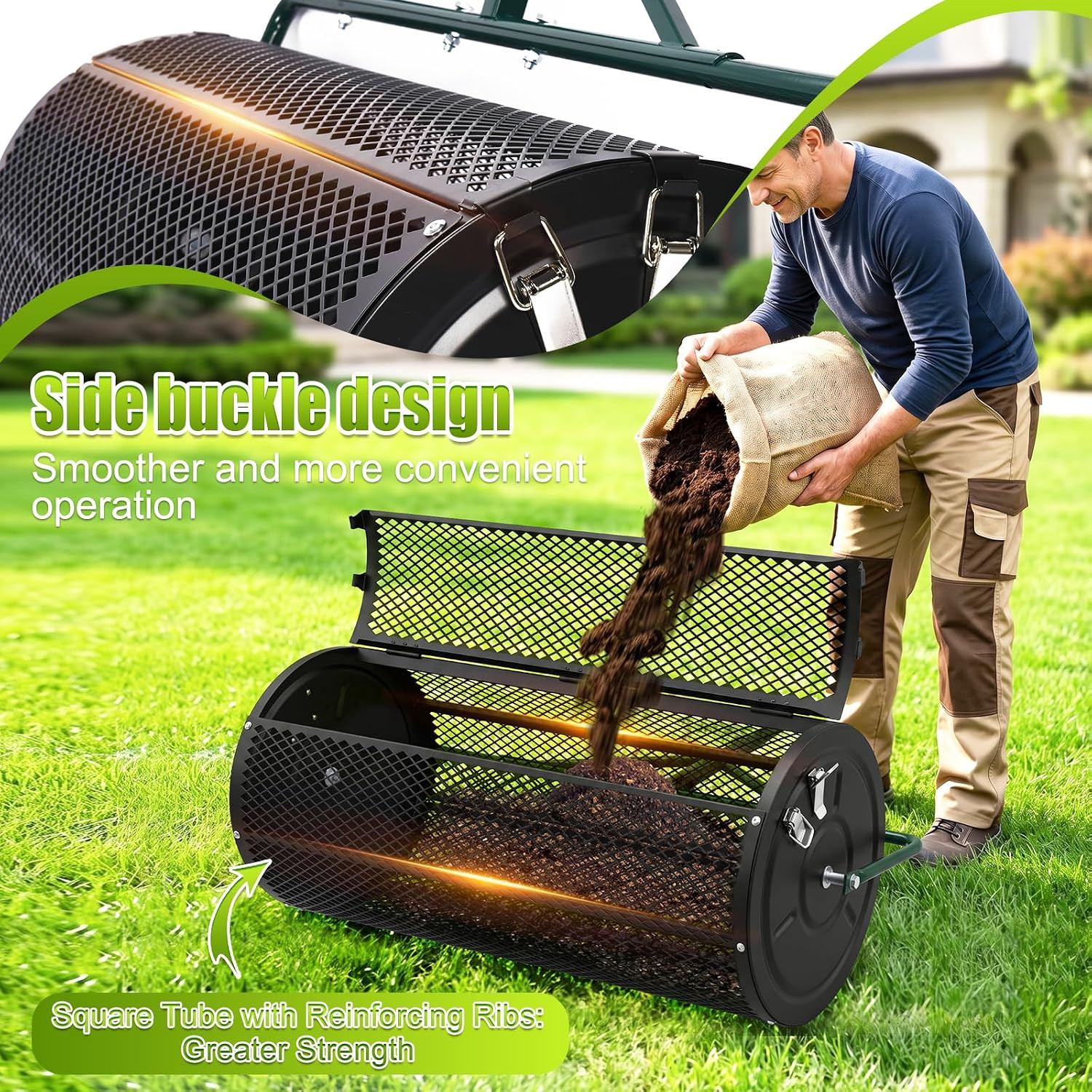 High-Capacity Metal Mesh Drum Compost Spreader with Side-Lock Peat Moss Spreader