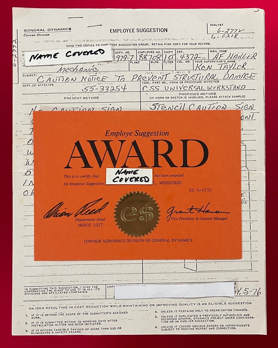 CONVAIR AEROSPACE EMPLOYEE SUGGESTION AWARD NAMED & COPY OF SUGGESTION