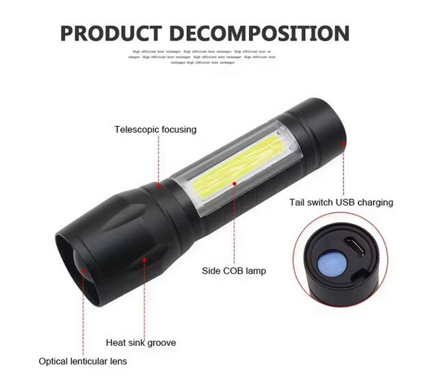 Mini LED Flashlight Black USB Rechargeable Handtool lamp Camping Tourch Lantern