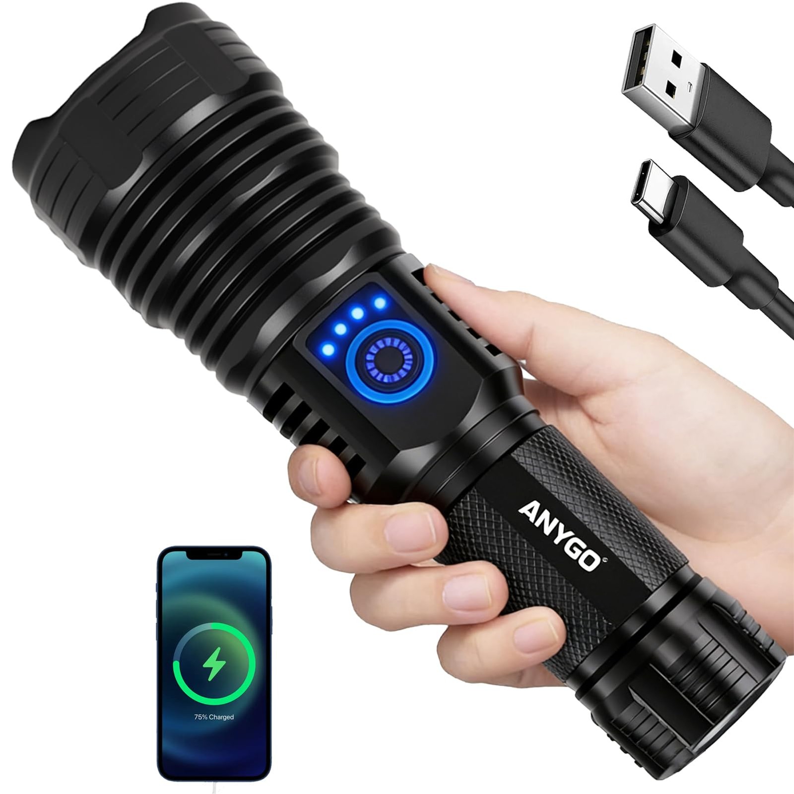 10000 Lumens Rechargeable Flashlight, IP67 Waterproof 12H Runtime