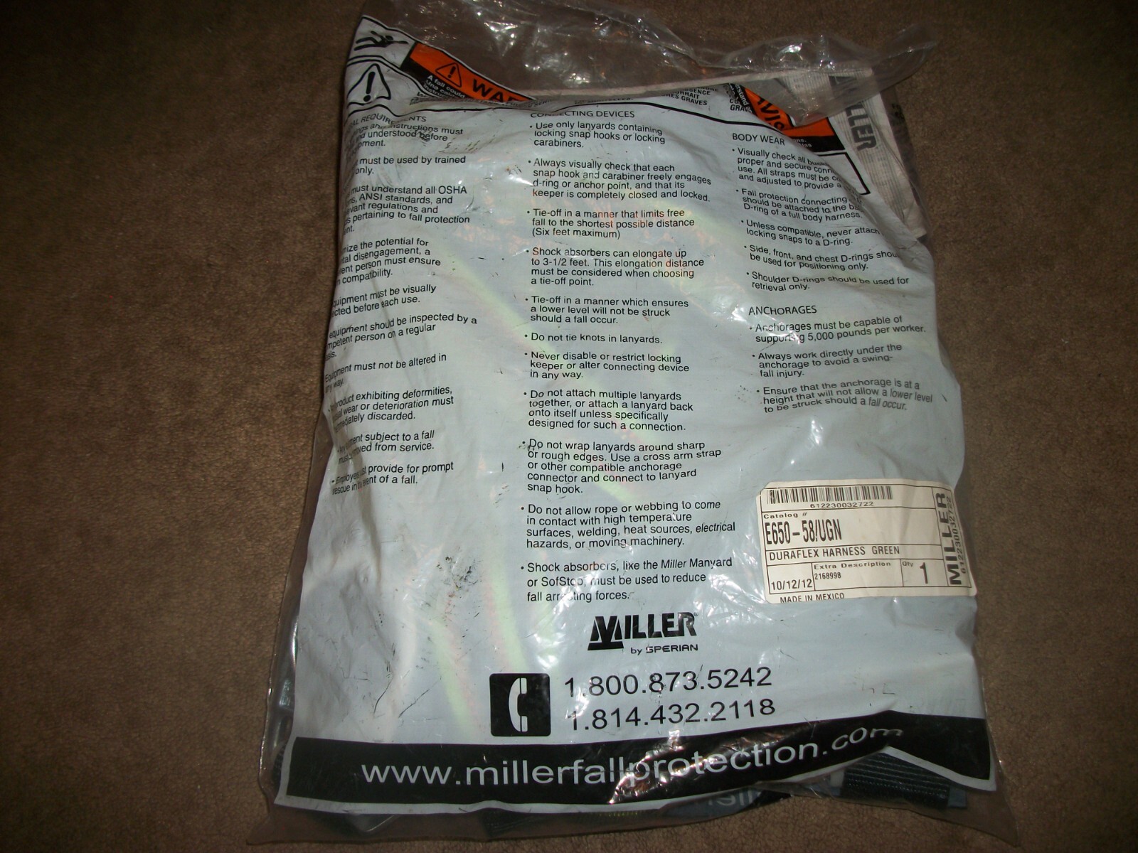 Miller by Honeywell Duraflex Harness Green FALL PROTECTION HARNESS - NEW SEALED
