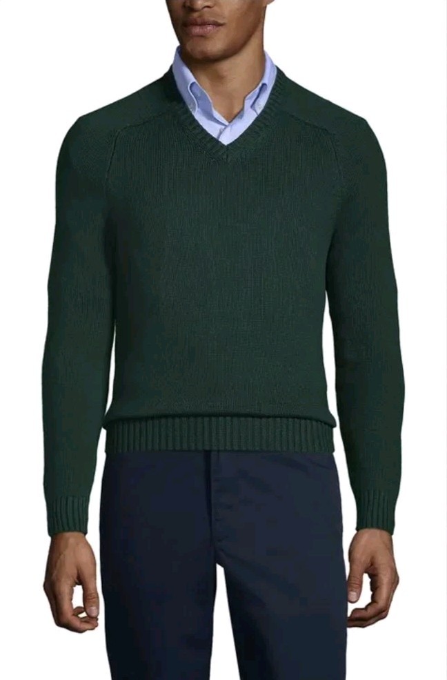 BNWOT LANDS END V-NECK 100% COTTON  CHUNKY KNIT JUMPER IN DARK GREEN SIZE L