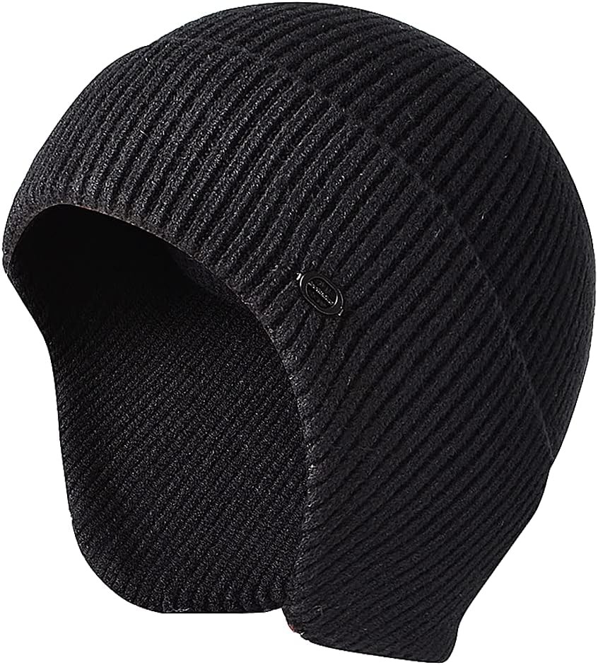 Winter Beanie Hats for Men Outdoor Stretchy Knit Ski Caps with Earflap Black