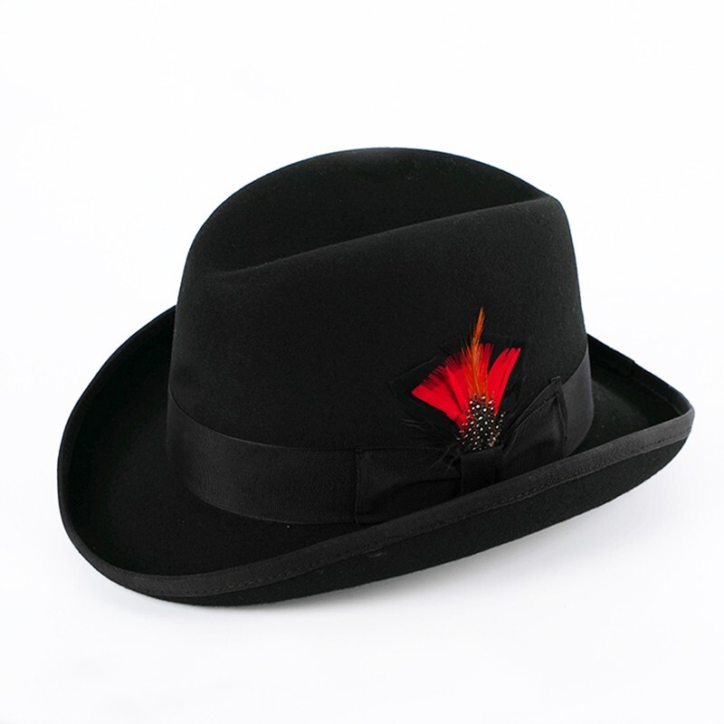 100% Wool Homburg Godfather Hat Firm Felt Bowler Hat Men Fedora Satin Lined