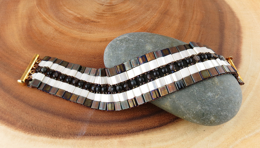 Women's Tila Bead with Smoky Quartz & Black Obsidian woven, flat bracelet (1305)
