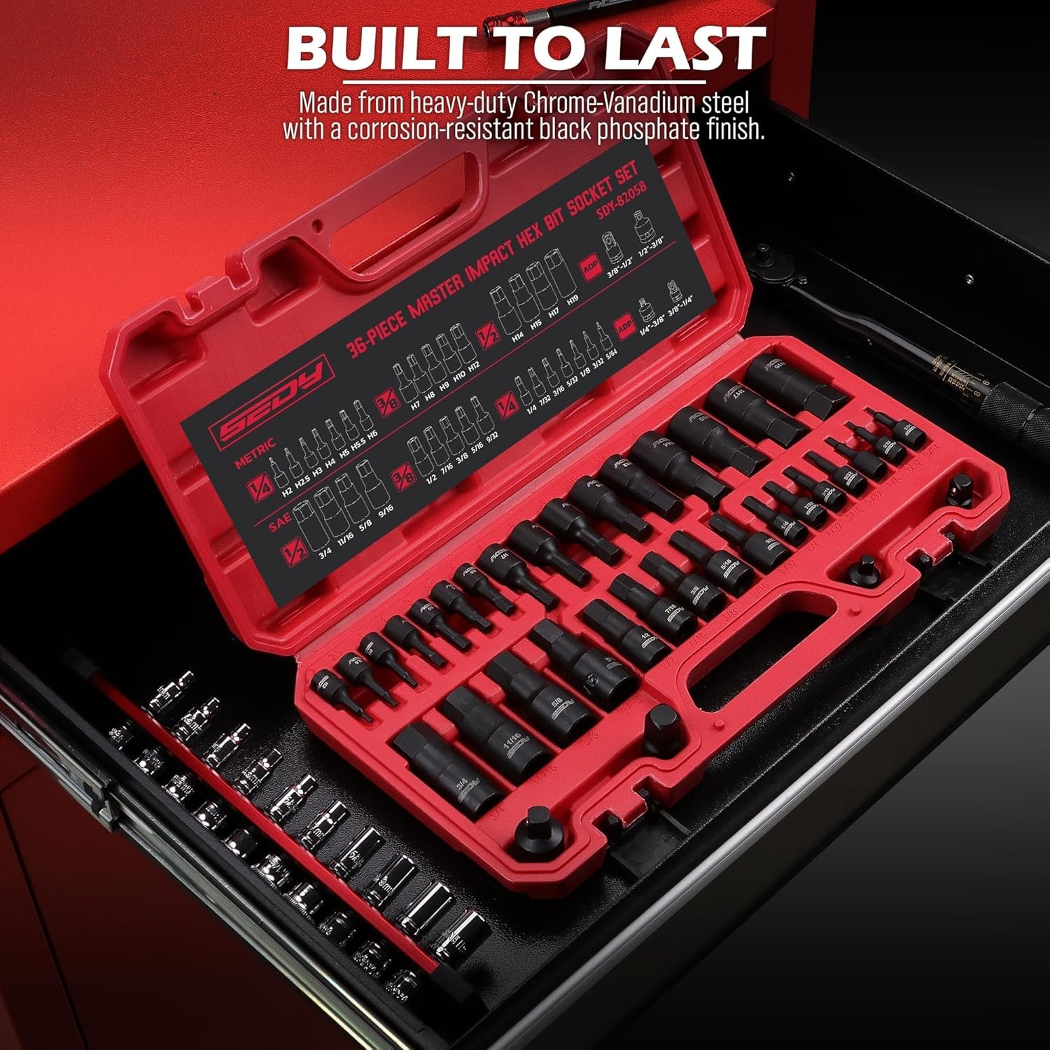 Hex Bit Impact Socket Set 36-PC with 4 Adapters, 1/4" 3/8" 1/2" Drive Master