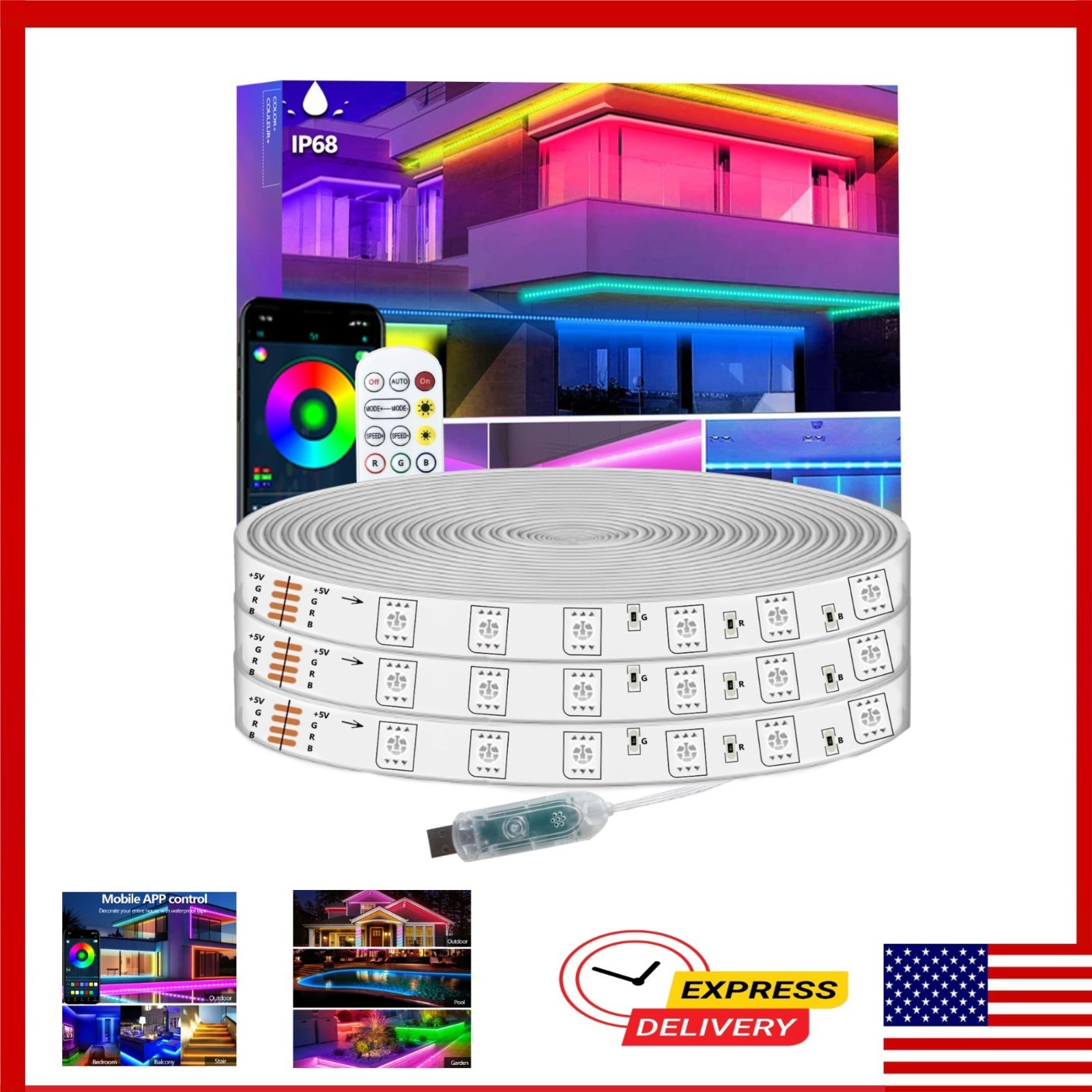50FT LED Strip Lights Waterproof Music Sync Bluetooth Remote Control