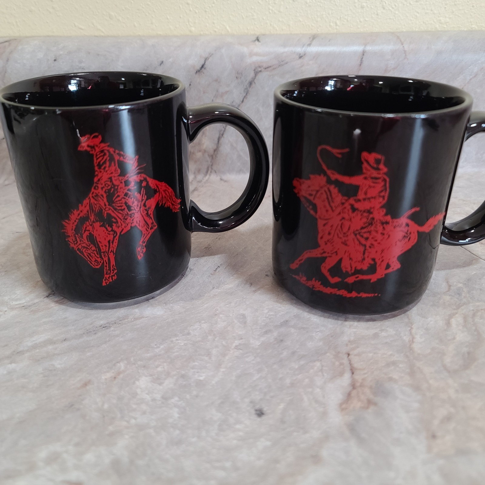 2 Vintage 80s Marlboro Man Black Red Coffee Cup Mug Bucking Bronco Cigarette Adv