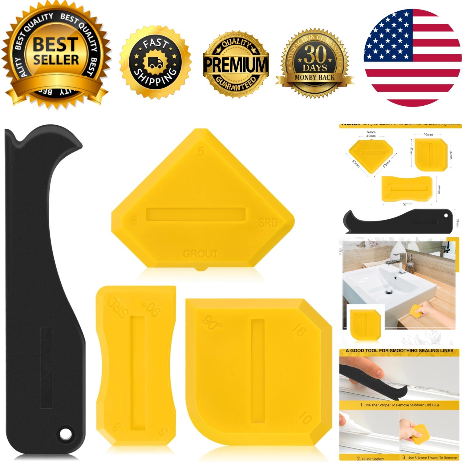 Versatile 4-Piece Silicone Caulking Tool Kit for Kitchen and Bathroom Sealing