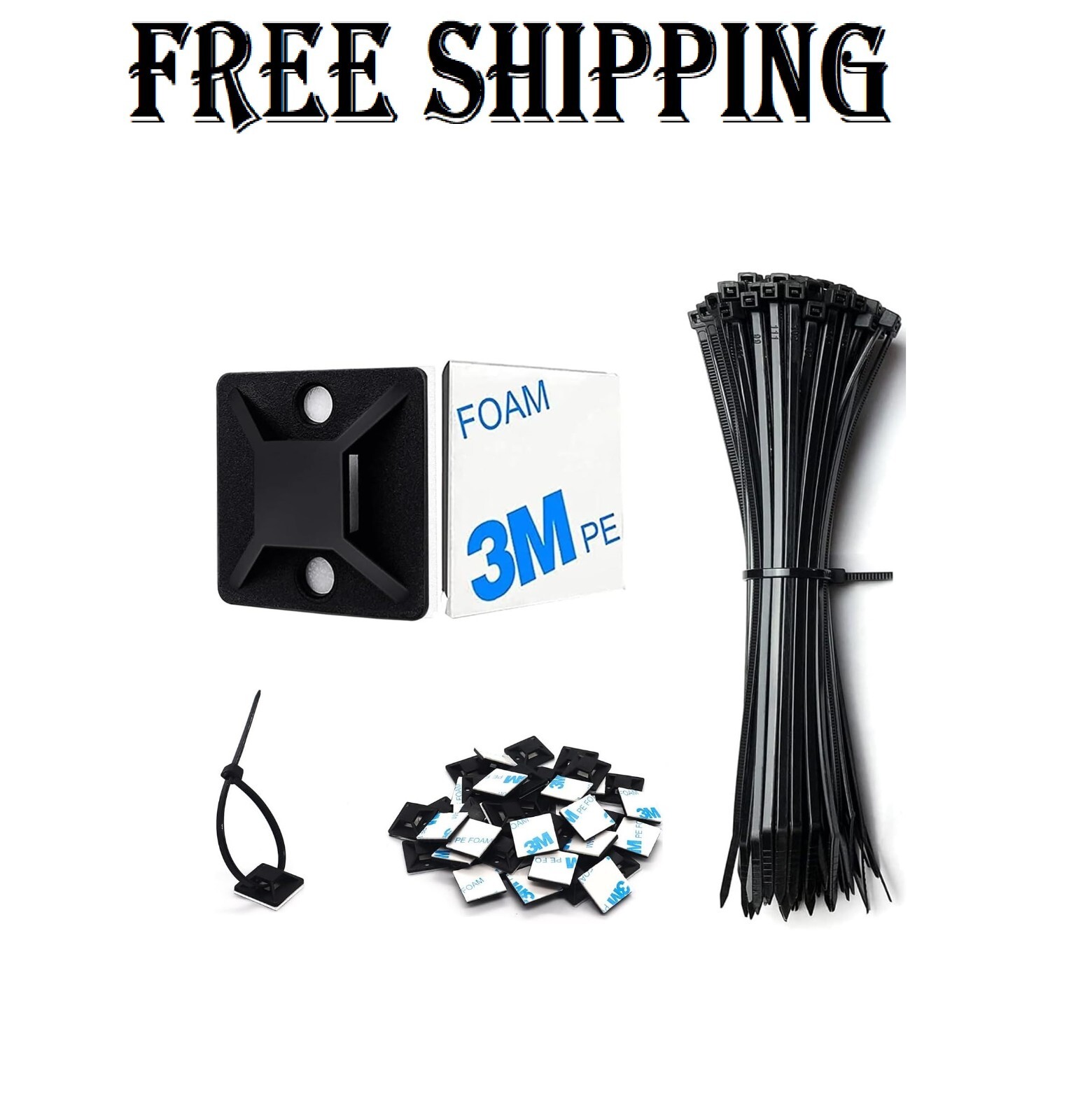 50 Set Cable Zip Tie Self Adhesive Mounts Kit with 6" Zip Ties, 3/4" Wire Holder