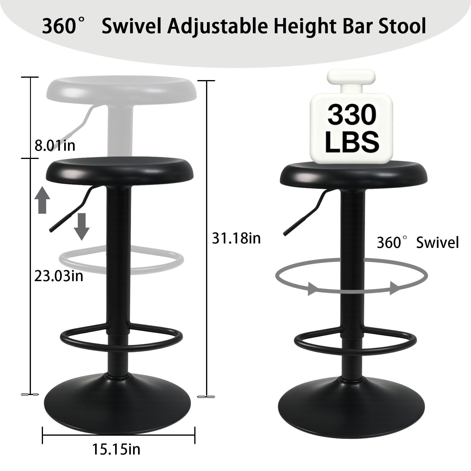 Adjustable Bar Stools Set of 2, Backless Swivel Round Counter & Bar Height Ch...